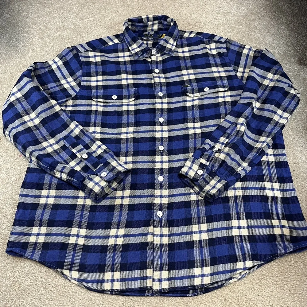 POLO RALPH LAUREN CLASSIC FIT PERFORMANCE FLANNEL SHIRT BLUE MENS 2XL EUC